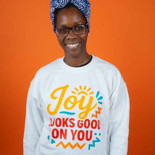 Joy Looks Good on You – White Crewneck